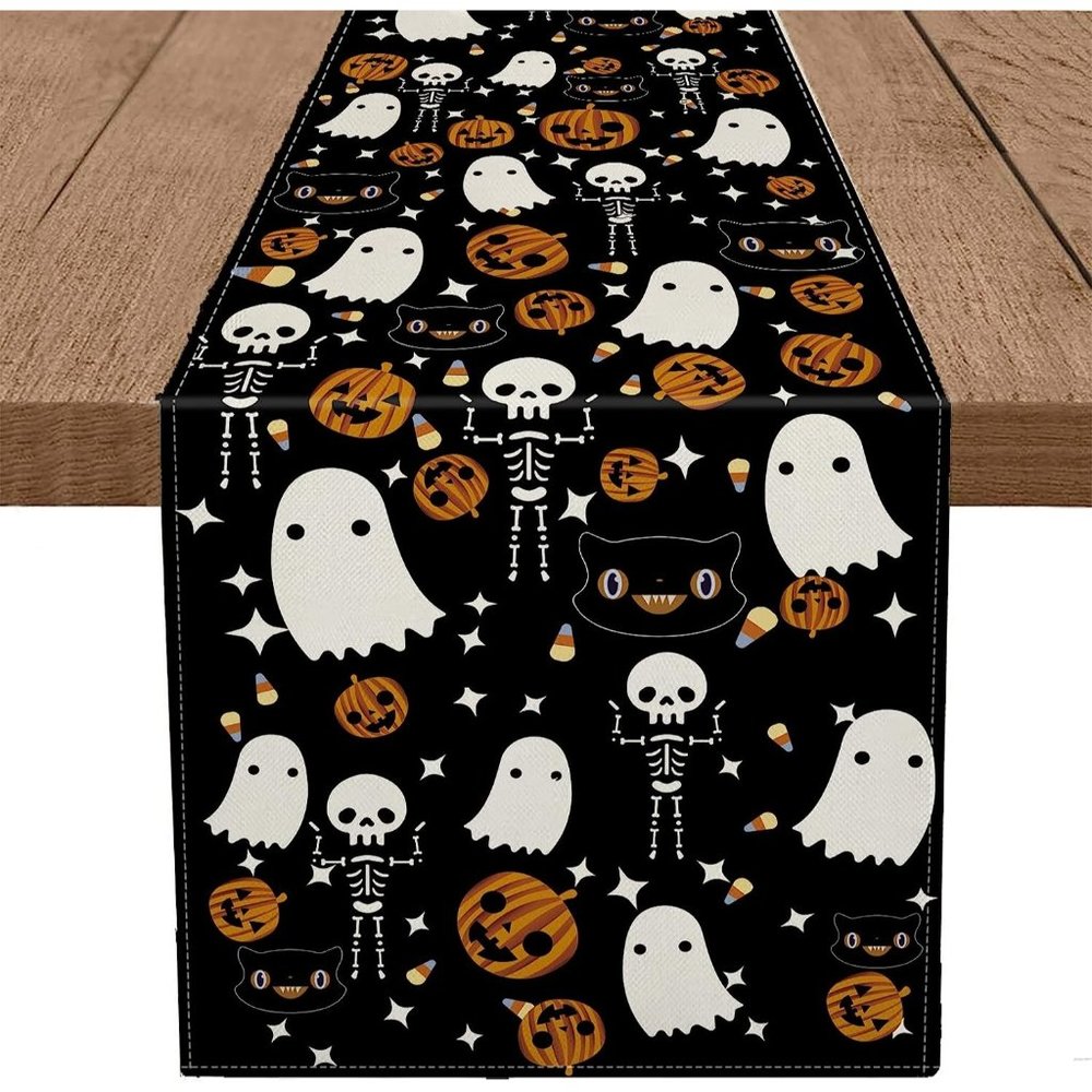 Home Polyester Ghost Skeleton Spooky Pumpkins Table Runner